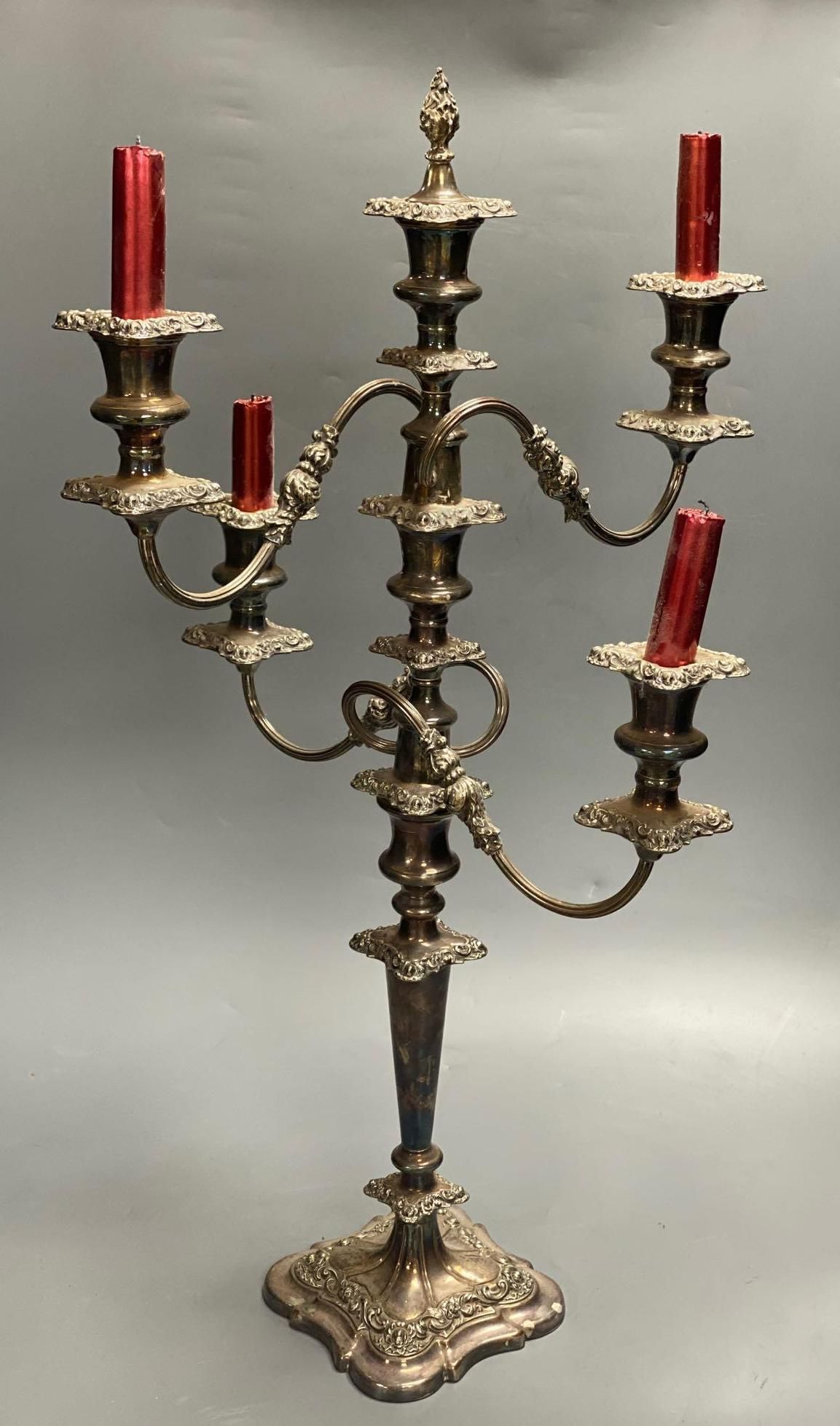 A pair of silver plated candelabra, three sconce candelabra, 51cm